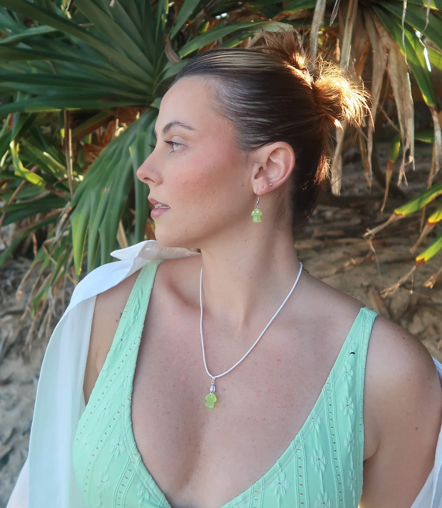 Handmade Light Green Resin Glow In The Dark Mushroom Earrings & Necklace Set