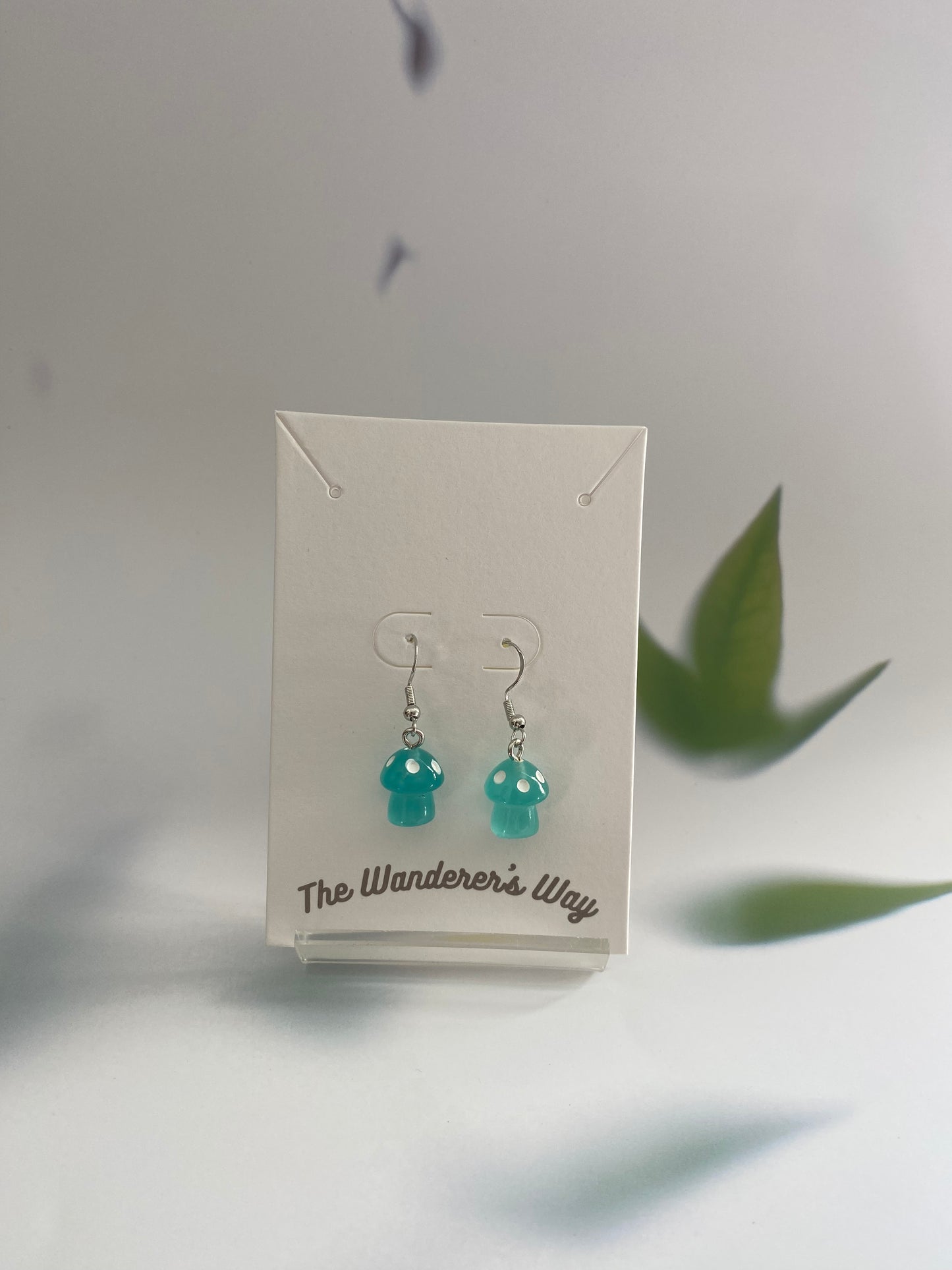 handmade turquoise blue resin glow in the dark mushroom pendant earrings made from silver alloy
