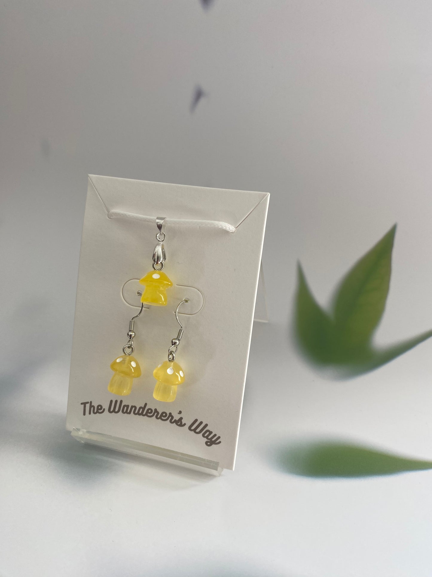 Handmade Pastel Yellow Resin Glow In The Dark Mushroom Earrings & Necklace Set
