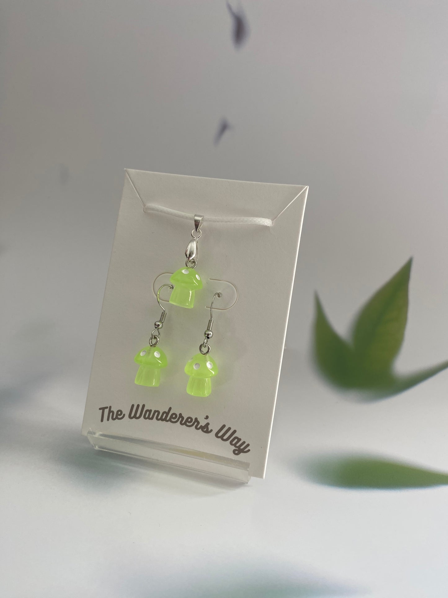Handmade Light Green Resin Glow In The Dark Mushroom Earrings & Necklace Set