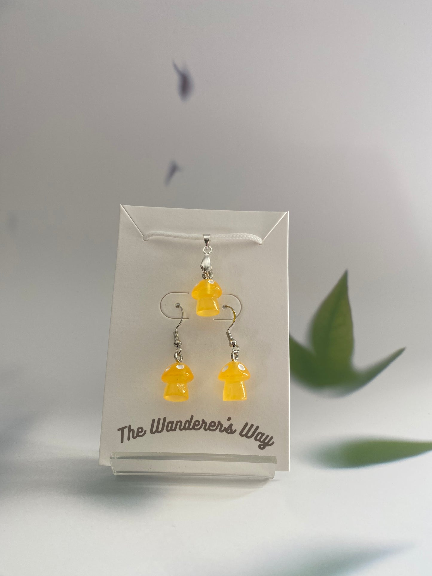 Handmade Yellow Resin Glow In The Dark Mushroom Earrings & Necklace Set