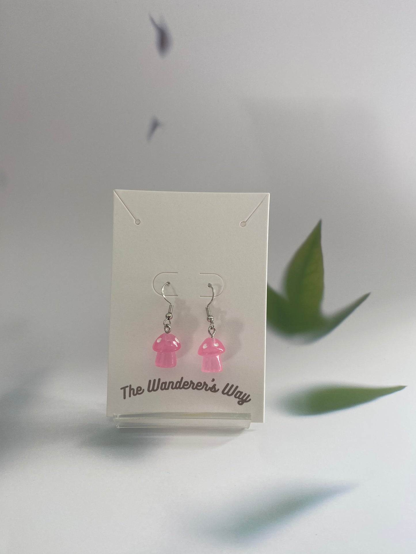 Handmade Baby Pink Resin Glow In The Dark Mushroom Silver Colour Copper Earrings
