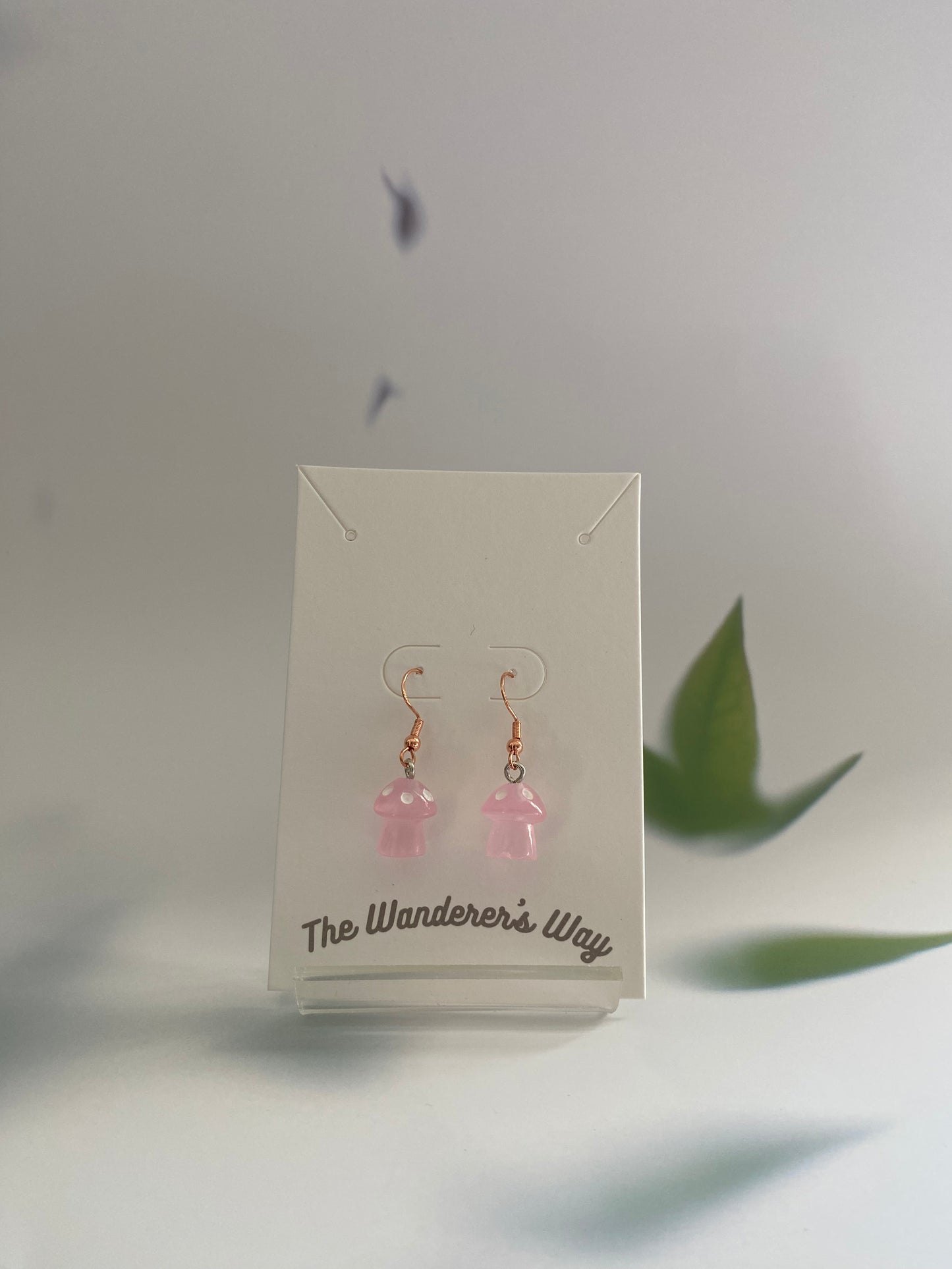 Handmade Baby Pink Resin Glow In The Dark Mushroom Rose Gold Colour Earrings