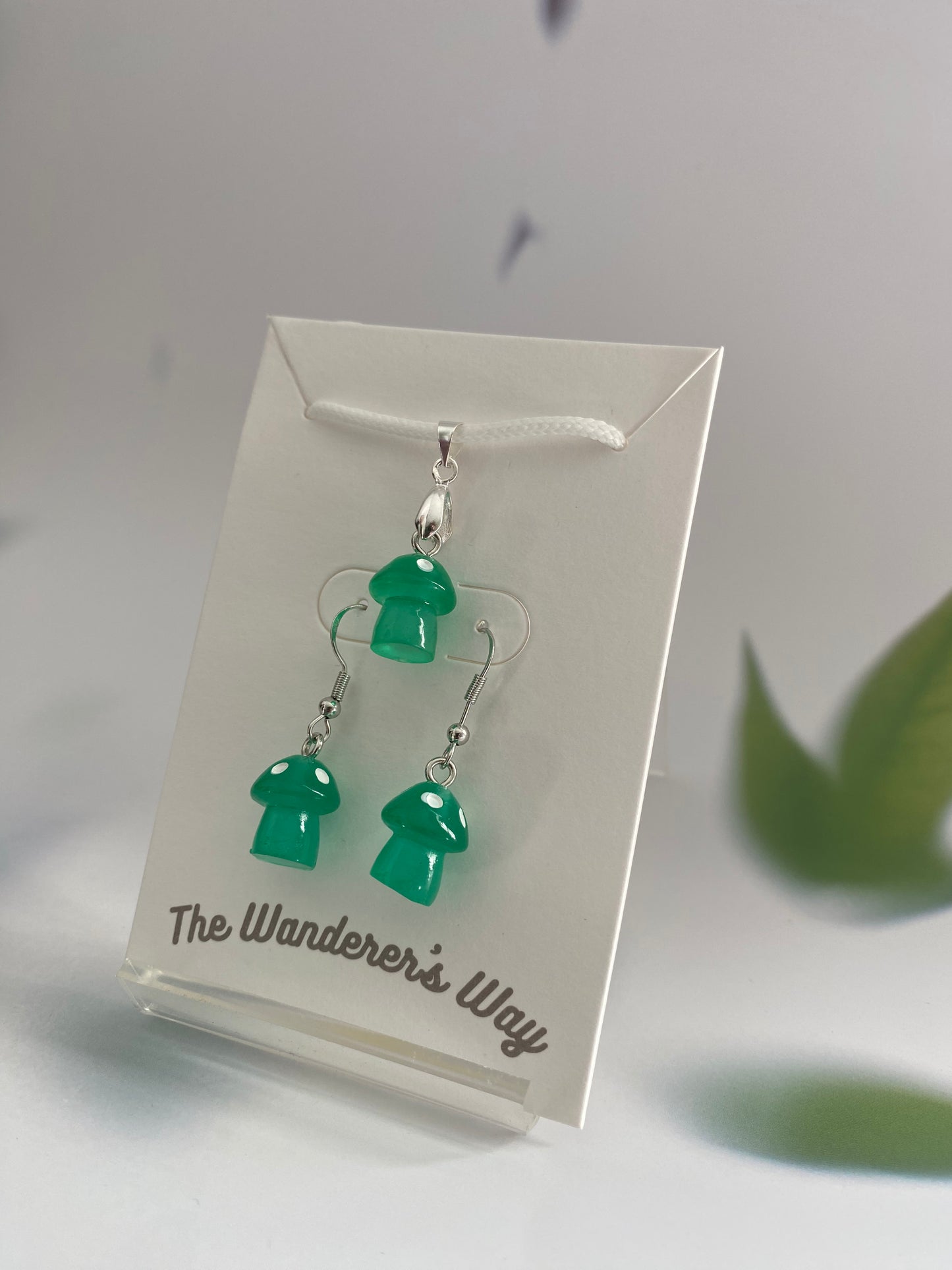 Handmade Jade Resin Glow In The Dark Mushroom Earrings & Necklace Set