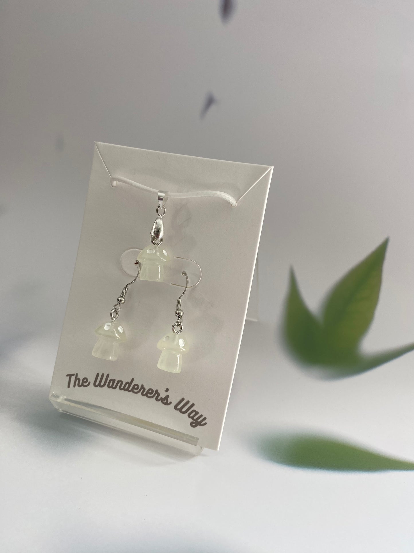 Handmade White Resin Glow In The Dark Mushroom Earrings & Necklace Set