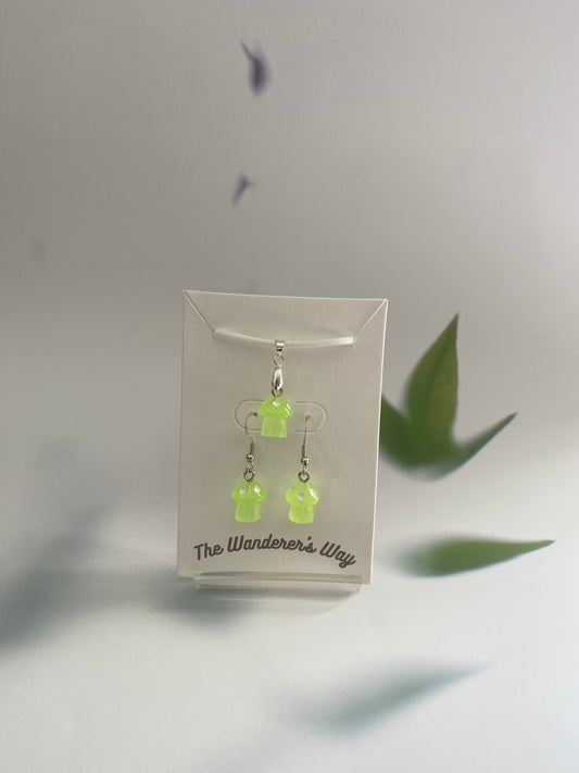 Handmade Light Green Resin Glow In The Dark Mushroom Earrings & Necklace Set