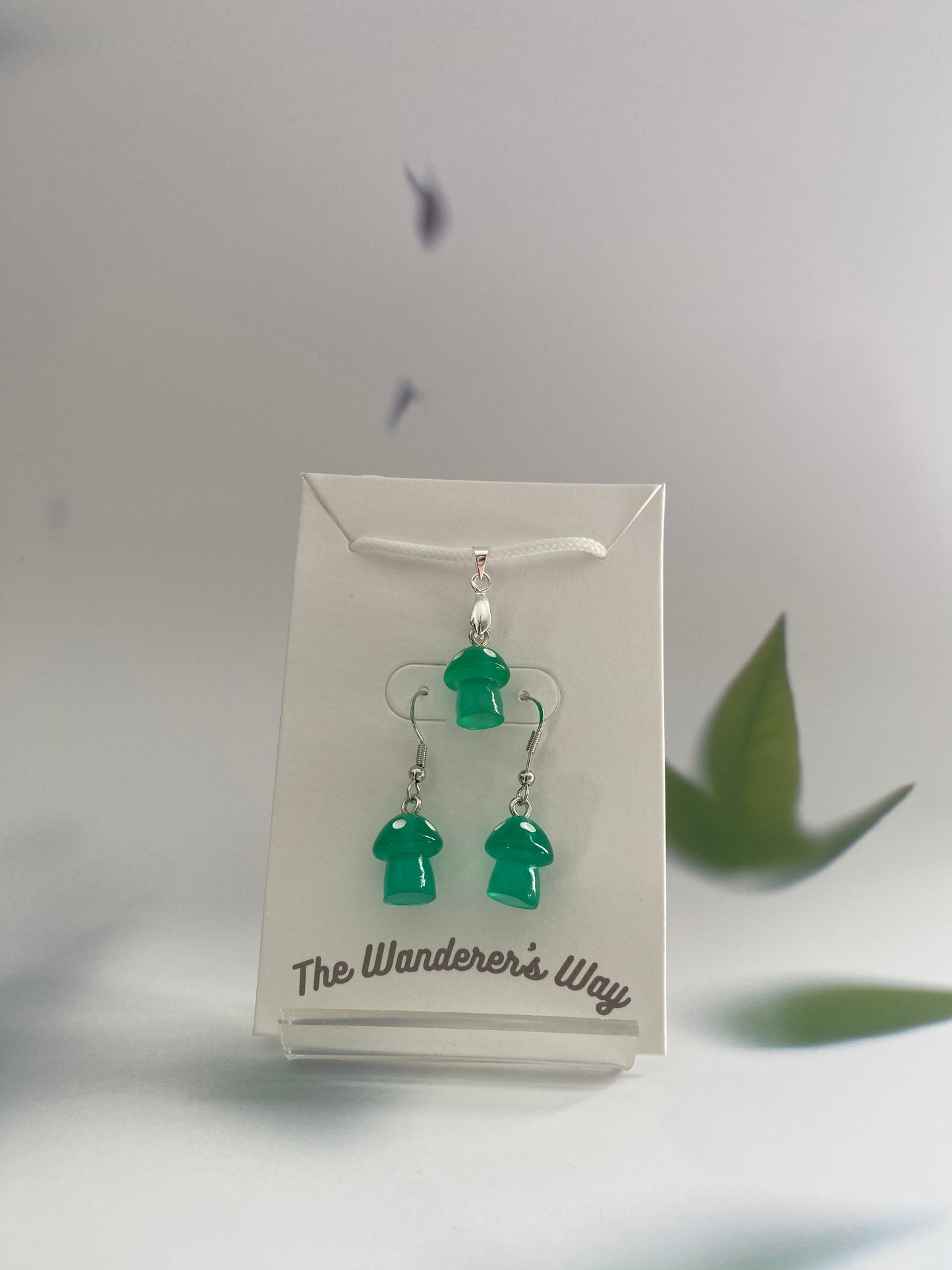Handmade Jade Resin Glow In The Dark Mushroom Earrings & Necklace Set