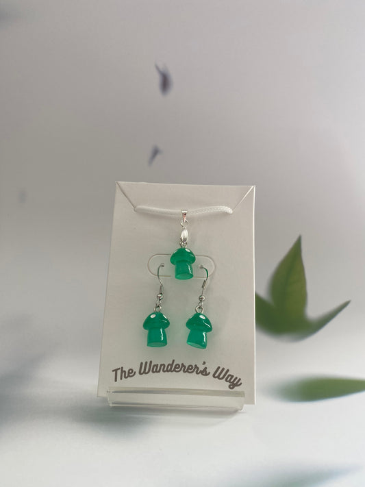 Handmade Jade Resin Glow In The Dark Mushroom Earrings & Necklace Set