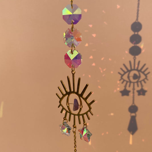 Evil Eye Holographic Sun Catcher with Amethyst Stone