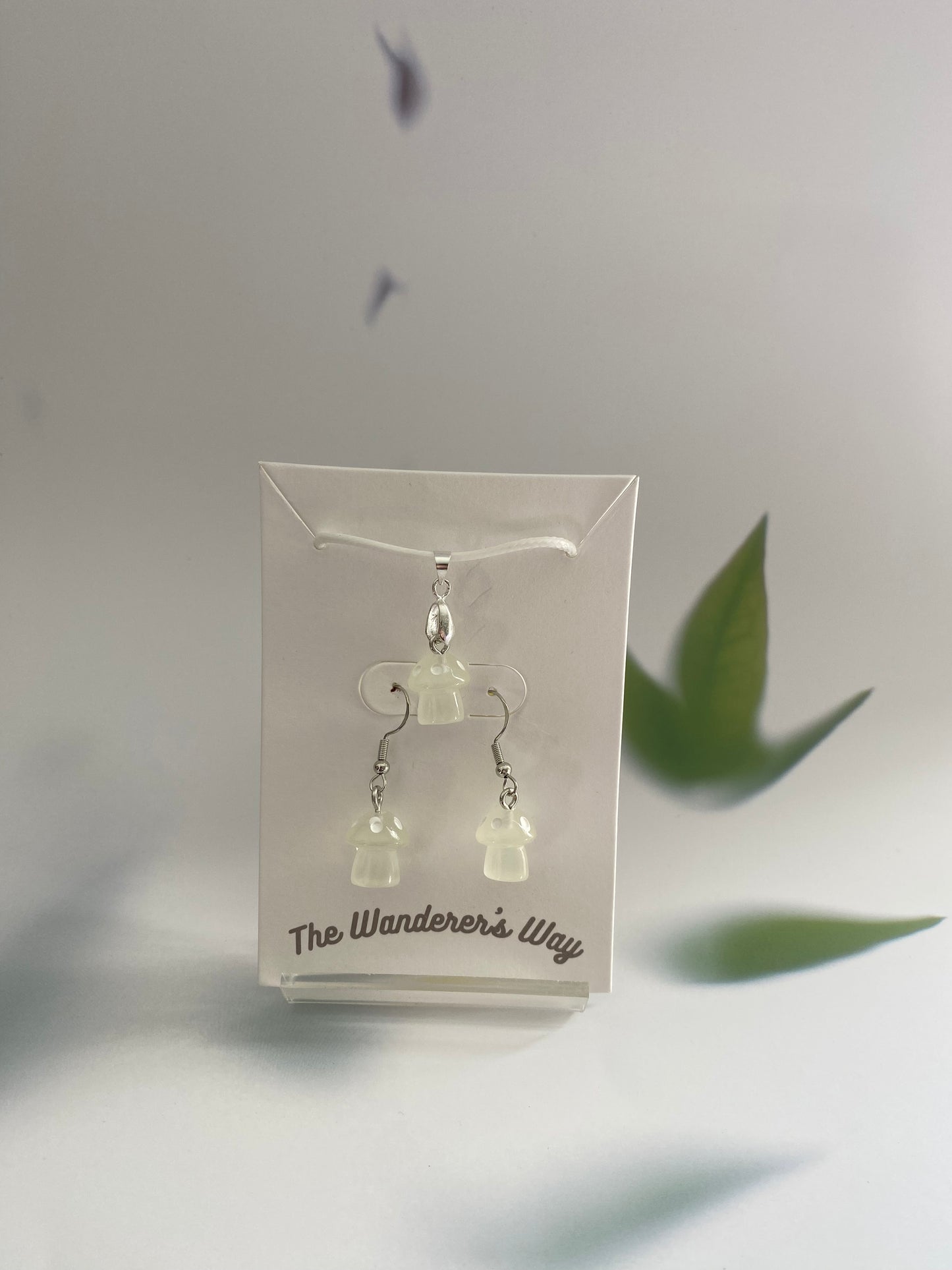 Handmade White Resin Glow In The Dark Mushroom Earrings & Necklace Set