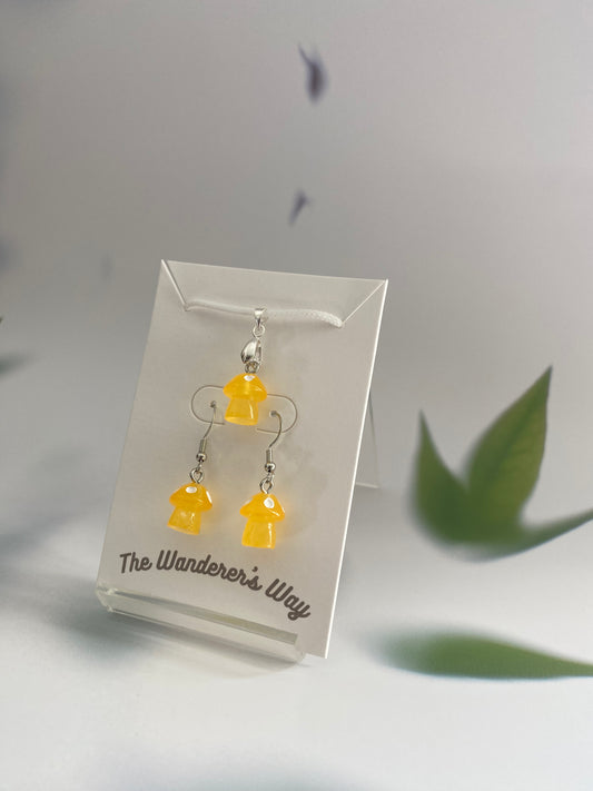 Handmade Yellow Resin Glow In The Dark Mushroom Earrings & Necklace Set
