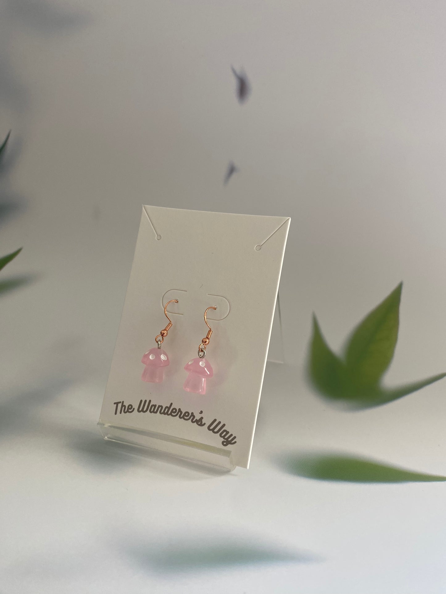 Handmade Baby Pink Resin Glow In The Dark Mushroom Rose Gold Colour Earrings