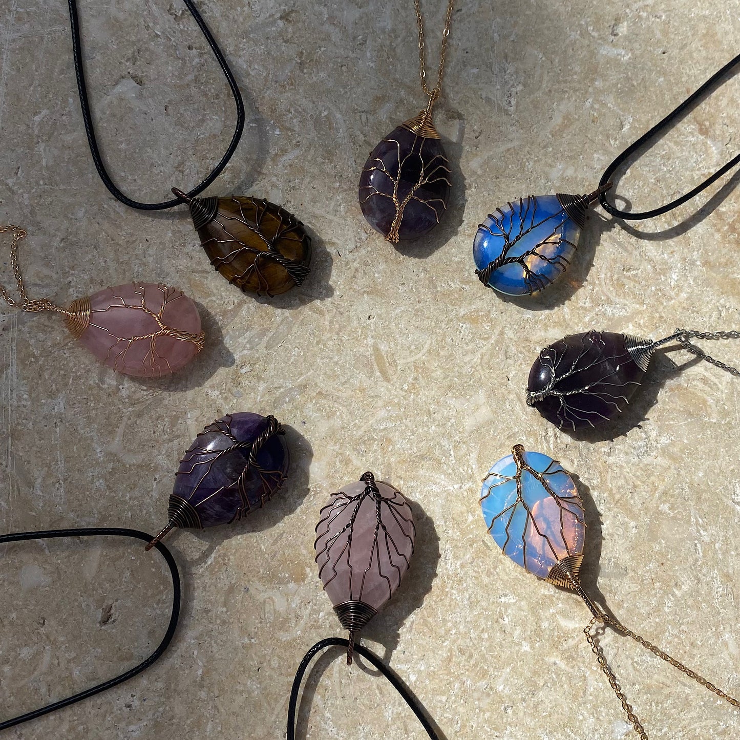 Natural Rose Quartz Stone Crystal Tree Of Life Pendant Leather Necklace
